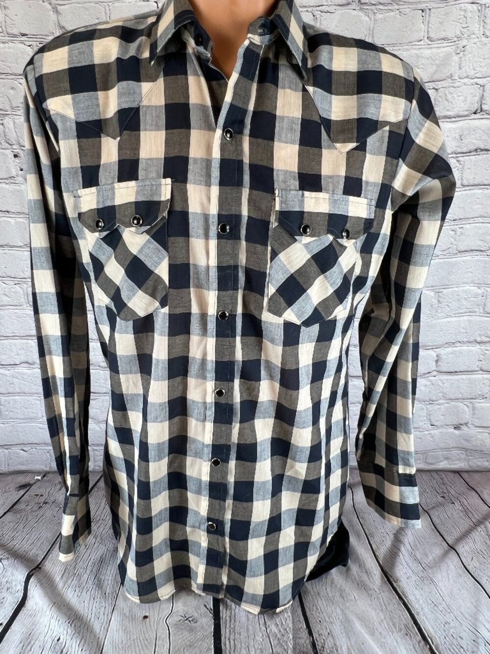 VTG Dee Cee Black & Blue Plaid Western Shirt 15.5 34 Black Pearl Snap USA Made